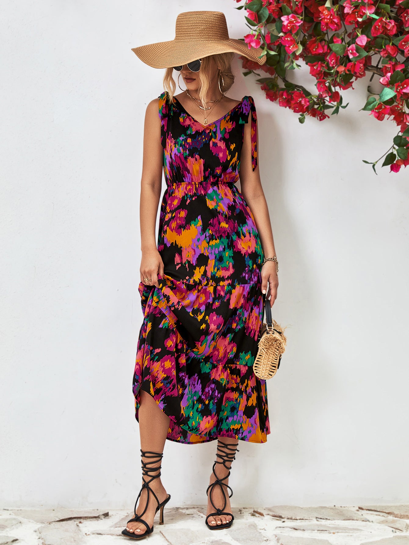 Honeybee Mumford's Multicolored V-Neck Backless Midi Dress