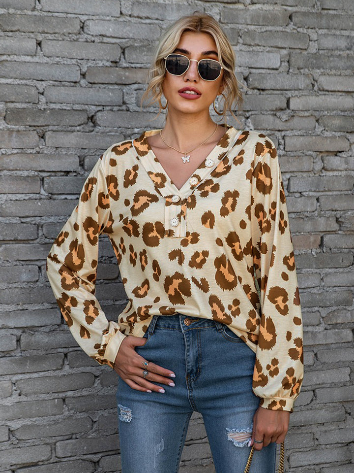 Honeybee Mumford's Leopard V-Neck Decorative Button Long Sleeve Blouse