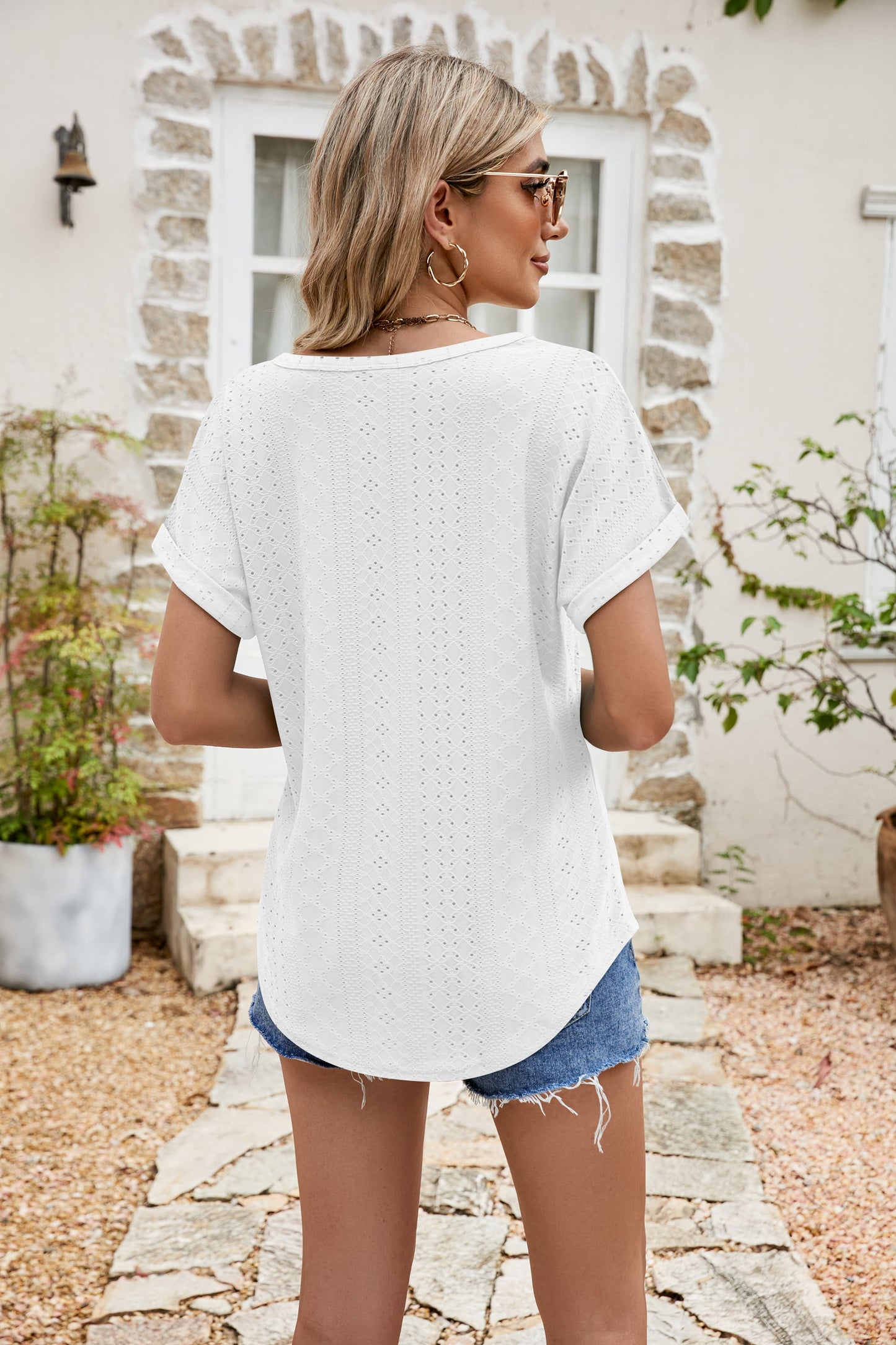 Honeybee Mumford's Full Size Round Neck Eyelet Short Sleeve Top