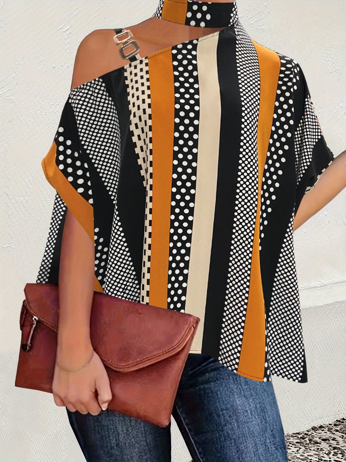 Honeybee Mumford's Cutout Color Block Mock Neck Blouse