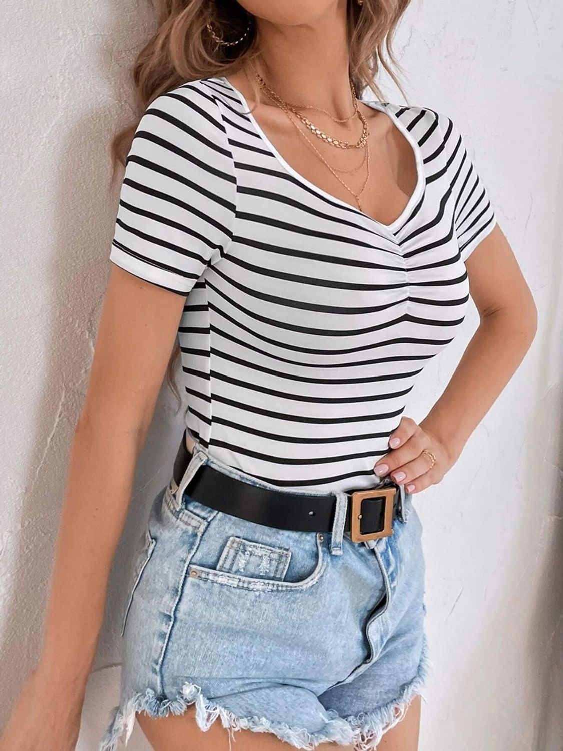 Honeybee Mumford's Striped V-Neck Short Sleeve T-Shirt