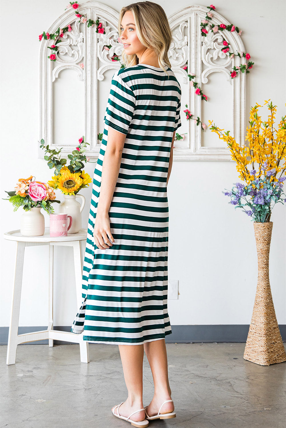 Honeybee Mumford's Striped V-Neck Short Sleeve Side Slit Dress