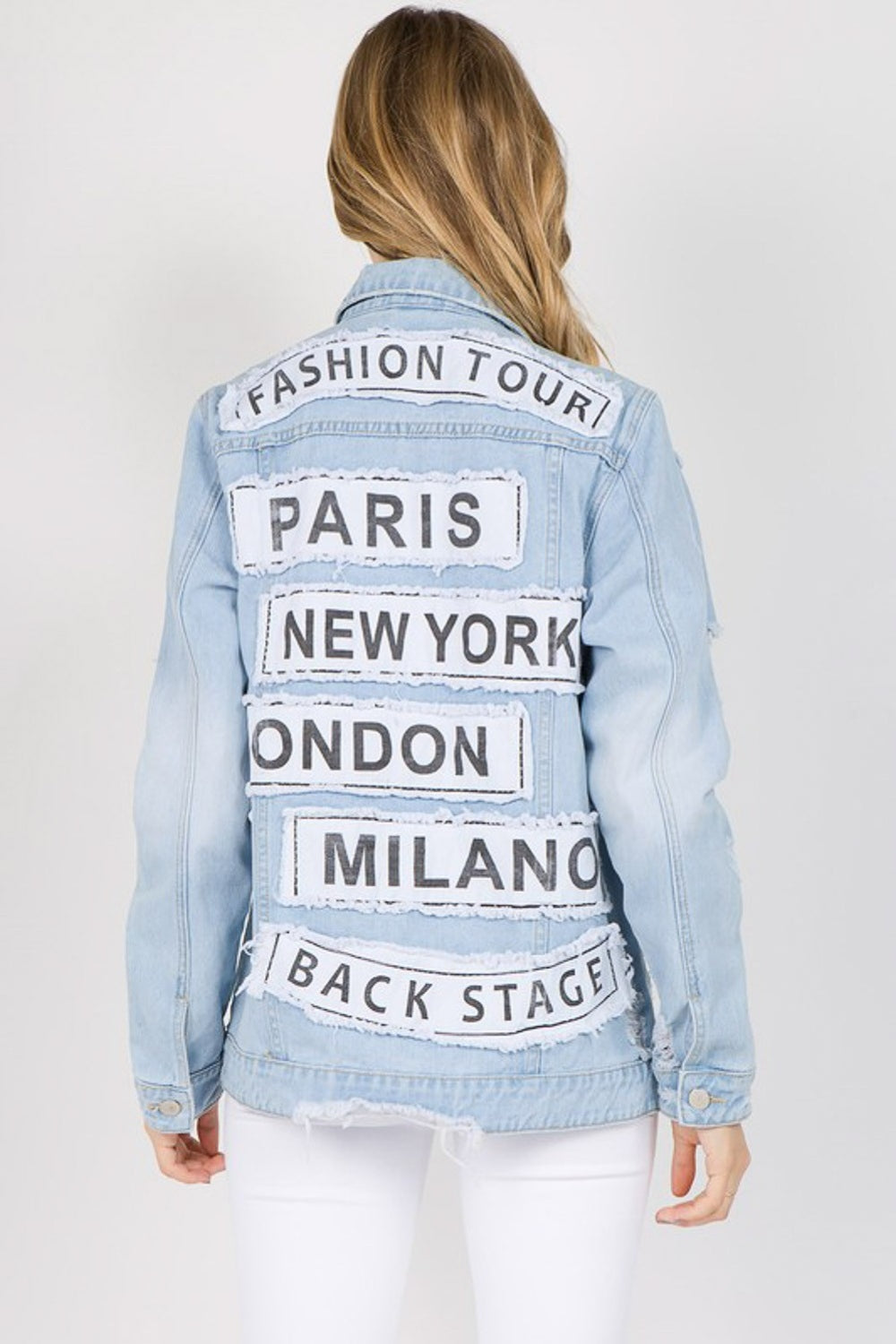 Honeybee Mumford's light blue "Fashion Tour" Patched Distressed Denim Jacket