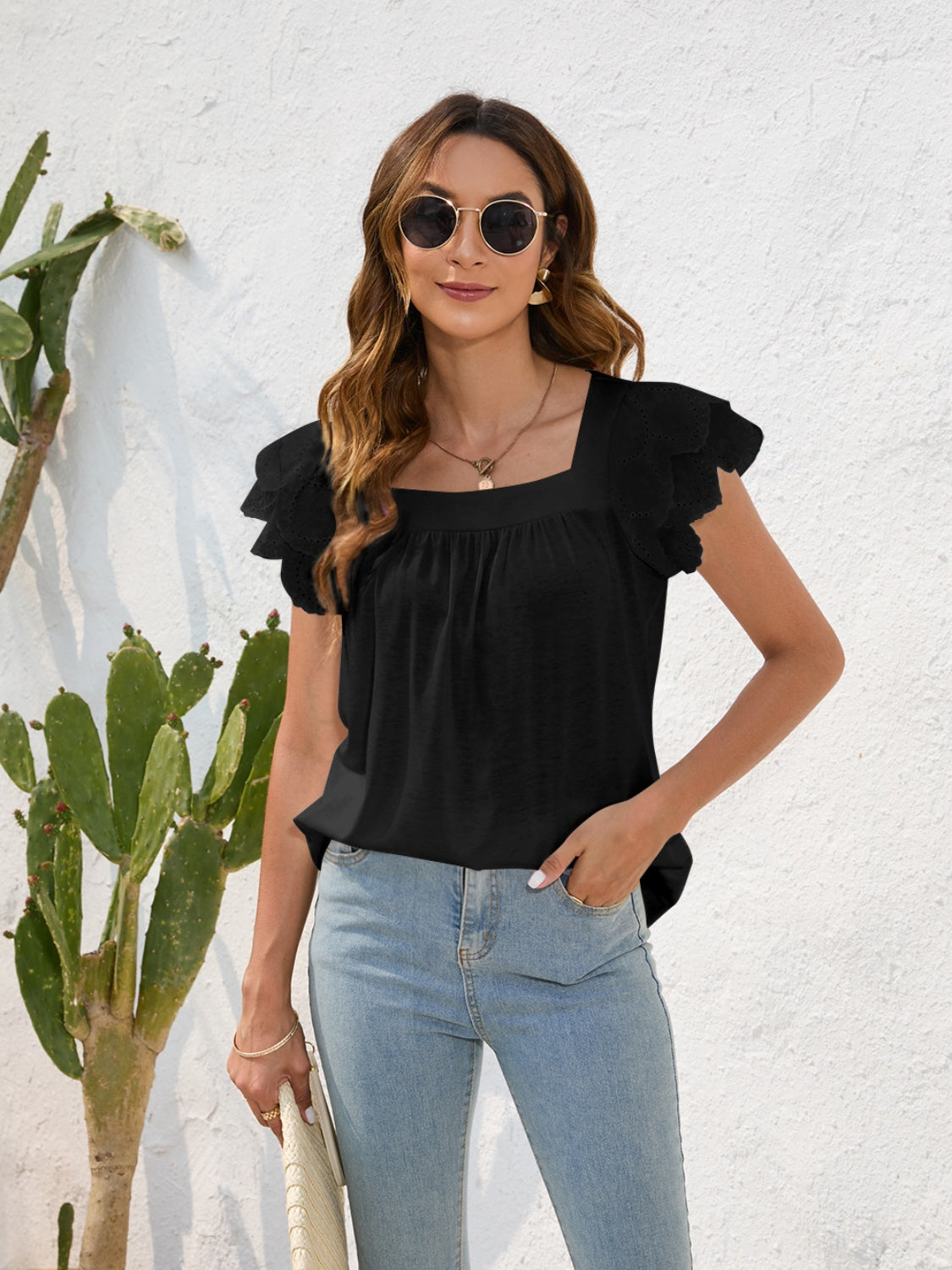 Honeybee Mumford's Ruffled Square Neck Cap Sleeve Blouse