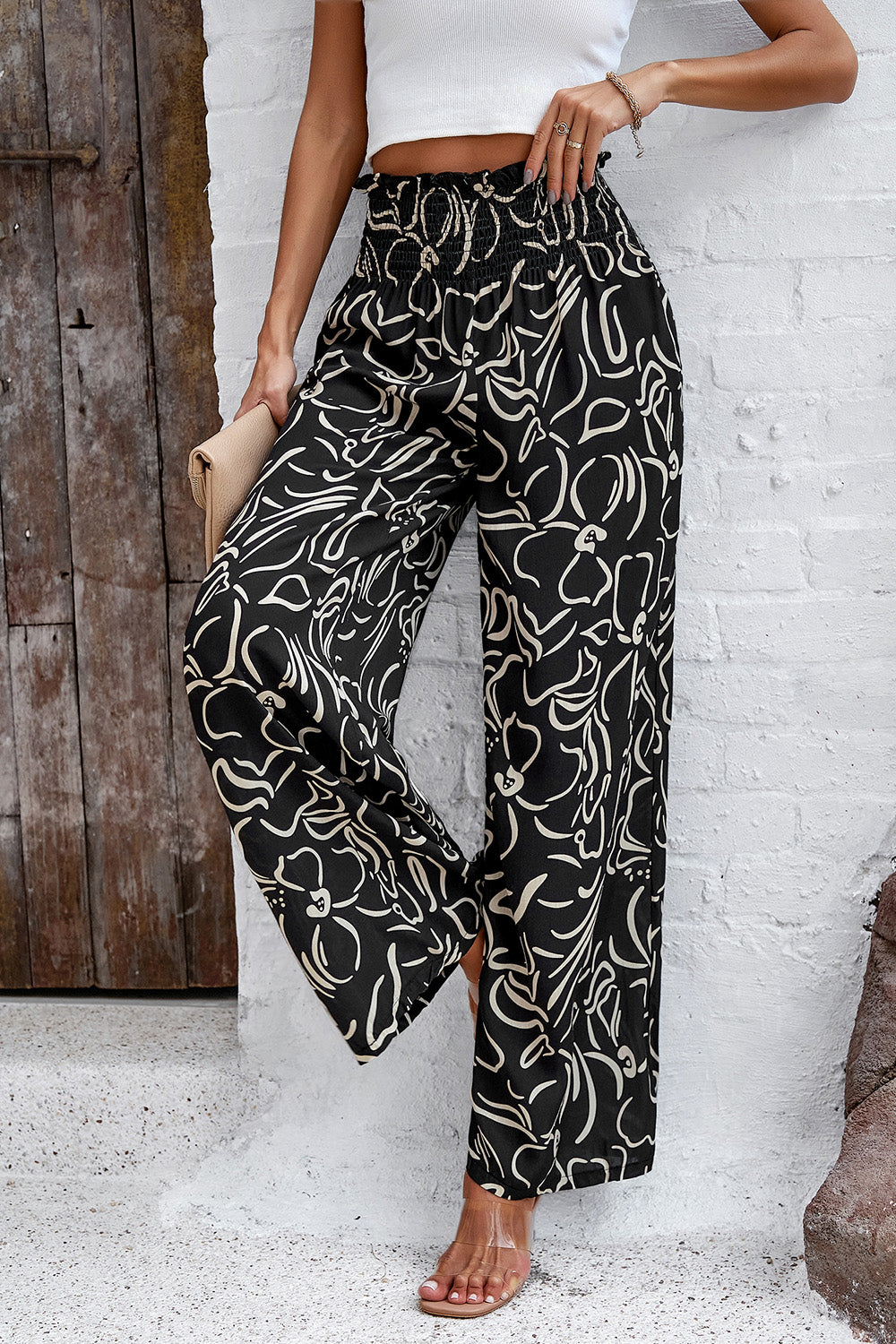 Honeybee Mumford's Smocked Printed Wide Leg Pants with Pockets