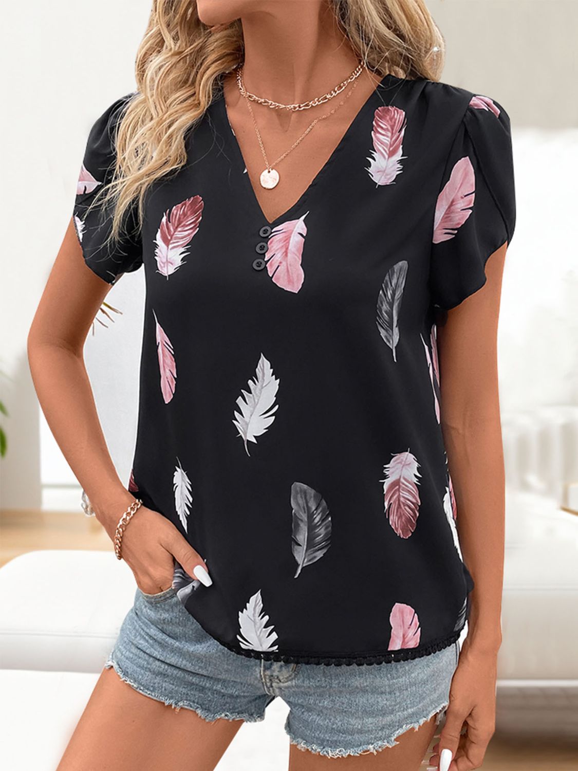 Honeybee Mumford's Printed V-Neck Short Sleeve Blouse