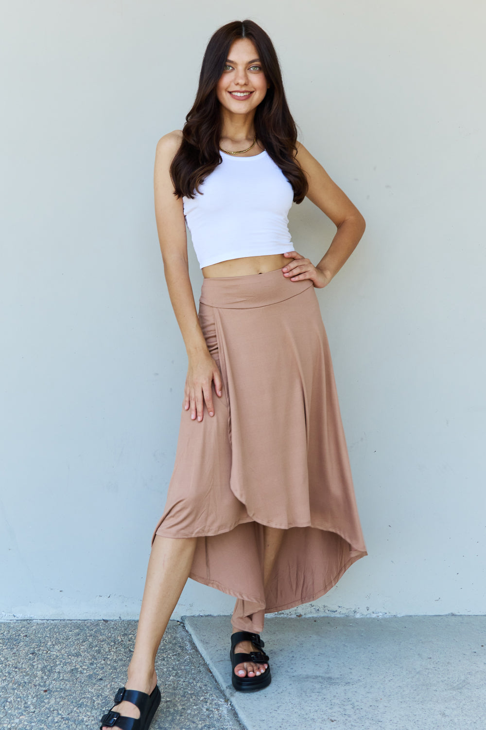 Honeybee Mumford's First Choice High Waisted Flare Maxi Skirt in Camel