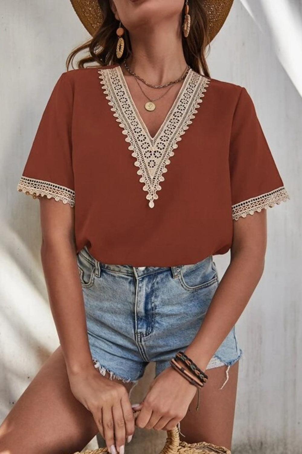 Honeybee Mumford's Lace Detail V-Neck Short Sleeve Blouse