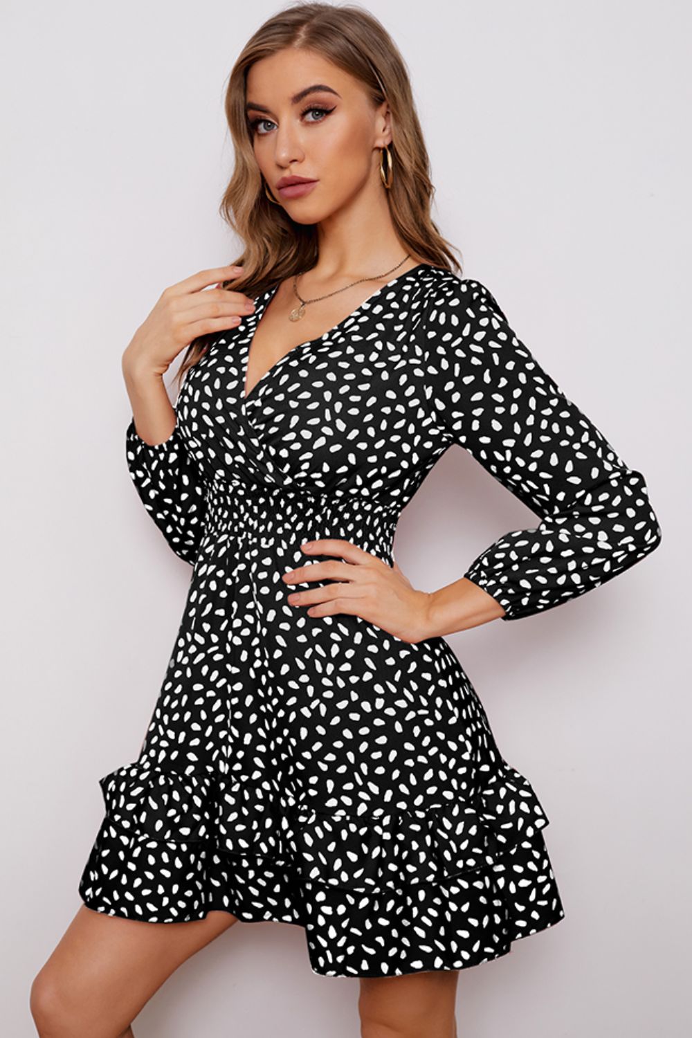 Honeybee Mumford's Surplice Neck Puff Sleeve Ruffle Hem Dress