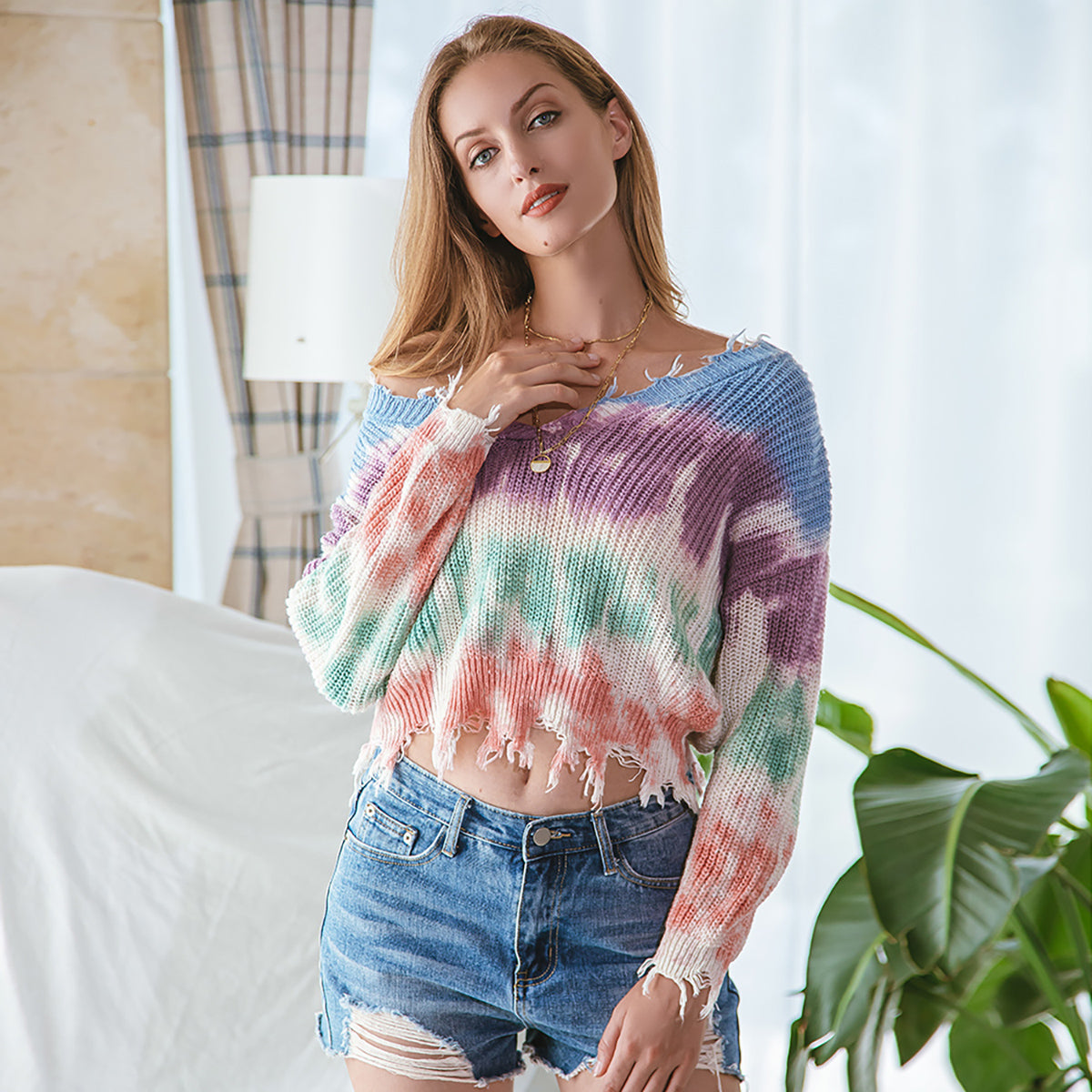 Honeybee Mumford's Tie-Dye V-Neck Frayed Hem Sweater