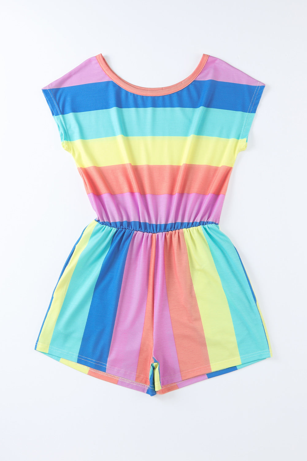 Honeybee Mumford's Multicolor Striped Print High Waist Short Sleeve Romper with Pockets