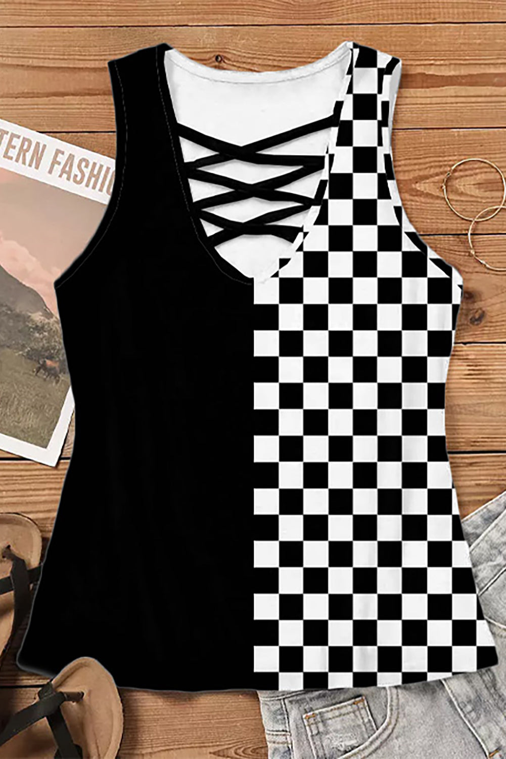 Honeybee Mumford's Crisscross Checkered Wide Strap Tank