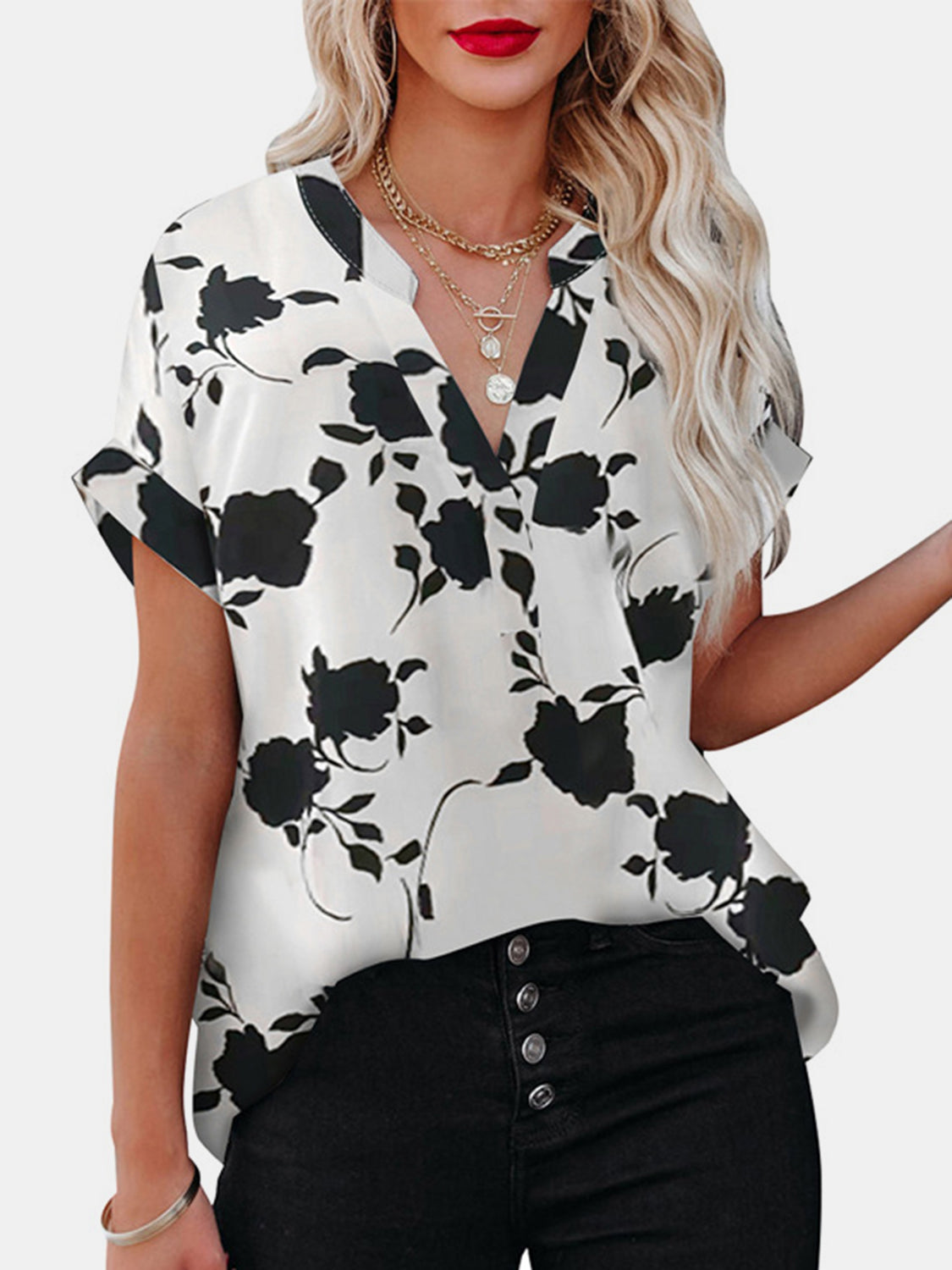 Honeybee Mumford's Printed Notched Short Sleeve Blouse