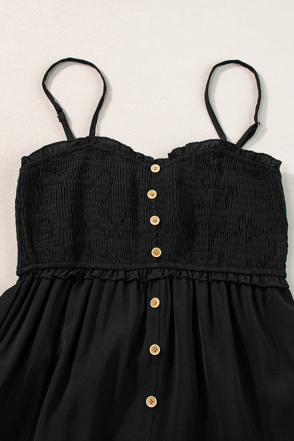 Honeybee Mumford's Black Spaghetti Straps Smocked Front Slit Buttoned Dress