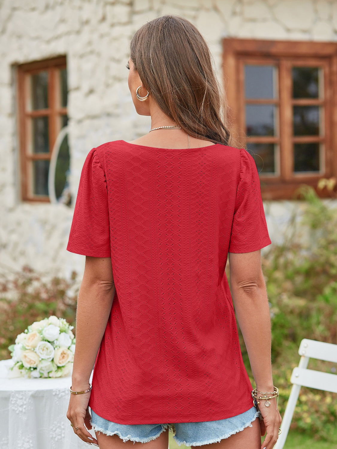 Honeybee Mumford's Eyelet Square Neck Short Sleeve Blouse