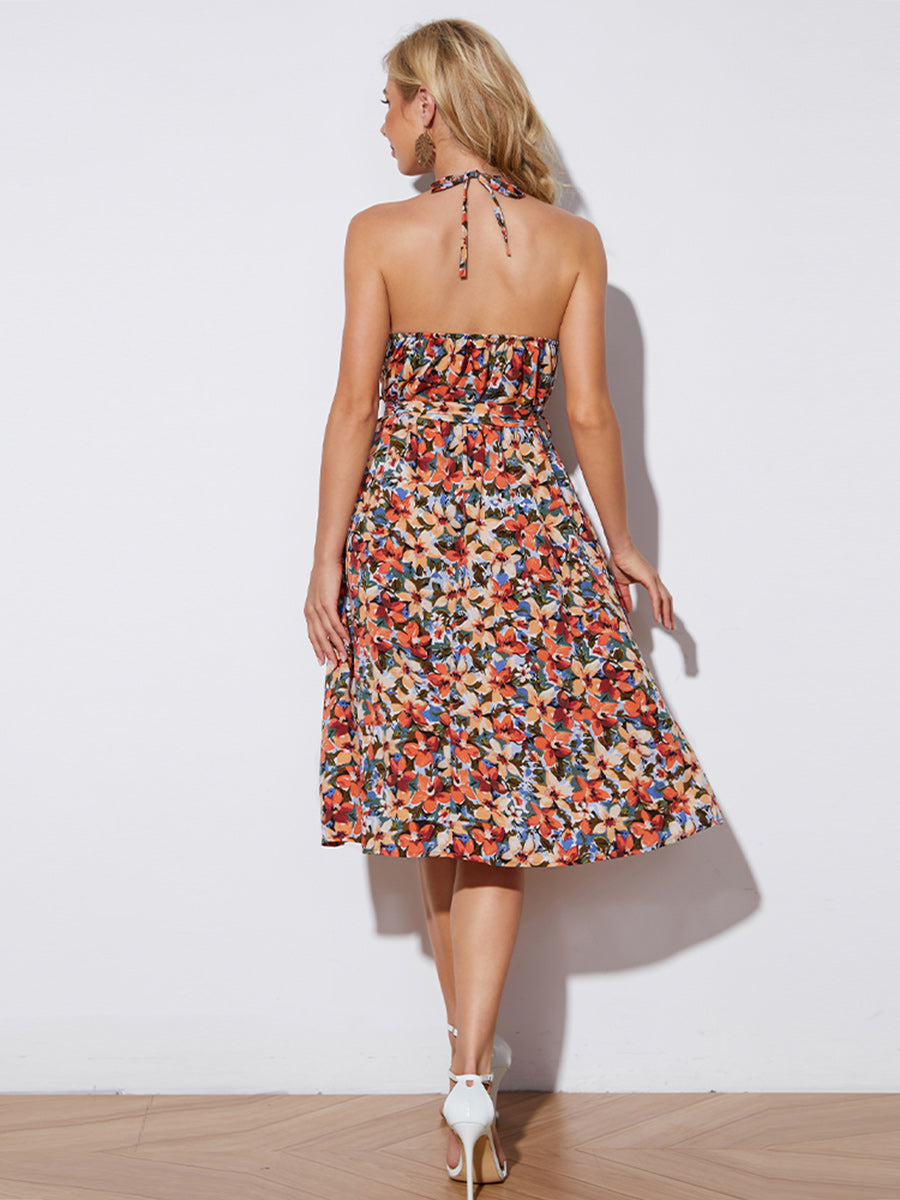 Honeybee Mumford's Floral Halter Necktie-Waist Backless Dress