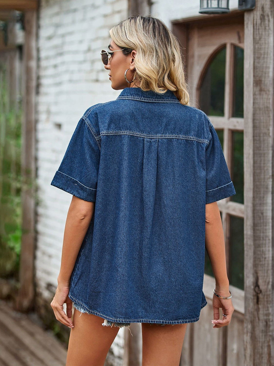 Honeybee Mumford's Pocketed Button Up Short Sleeve Denim Shirt