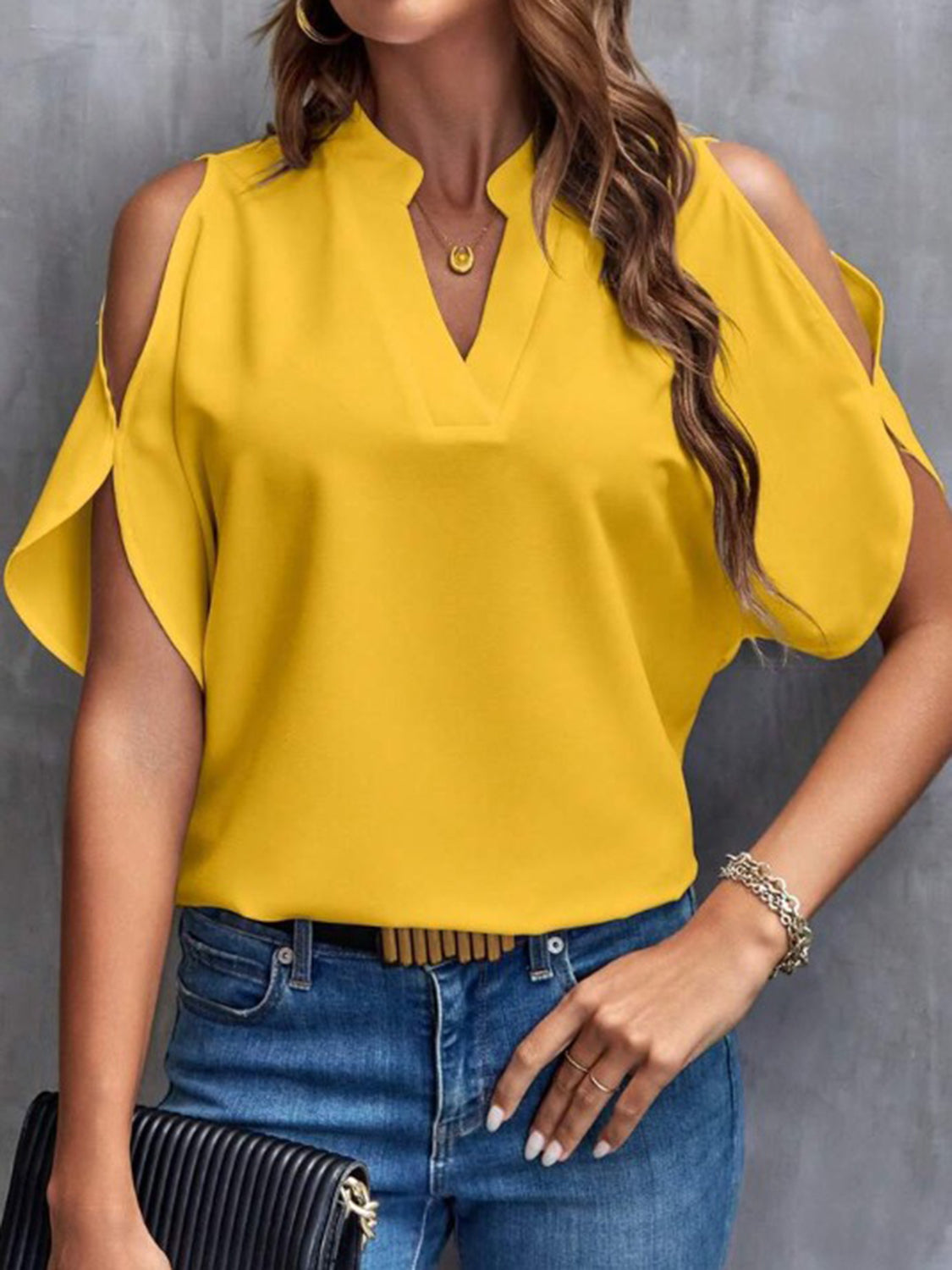 Honeybee Mumford's Notched Cold Shoulder Half Sleeve Blouse