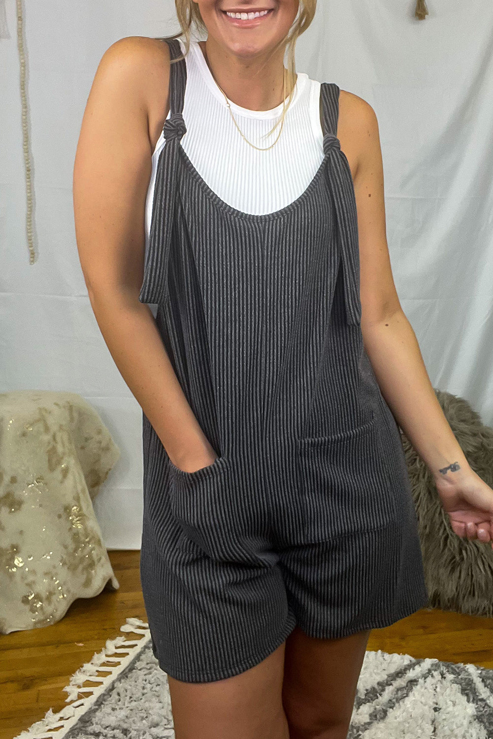 Honeybee Mumford's Dark Grey Striped Print Knotted Straps Pocketed Romper