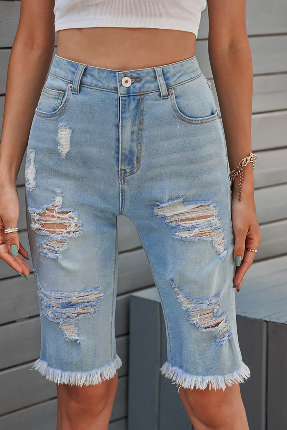 Honeybee Mumford's Distressed Raw Hem Denim Bermuda Shorts