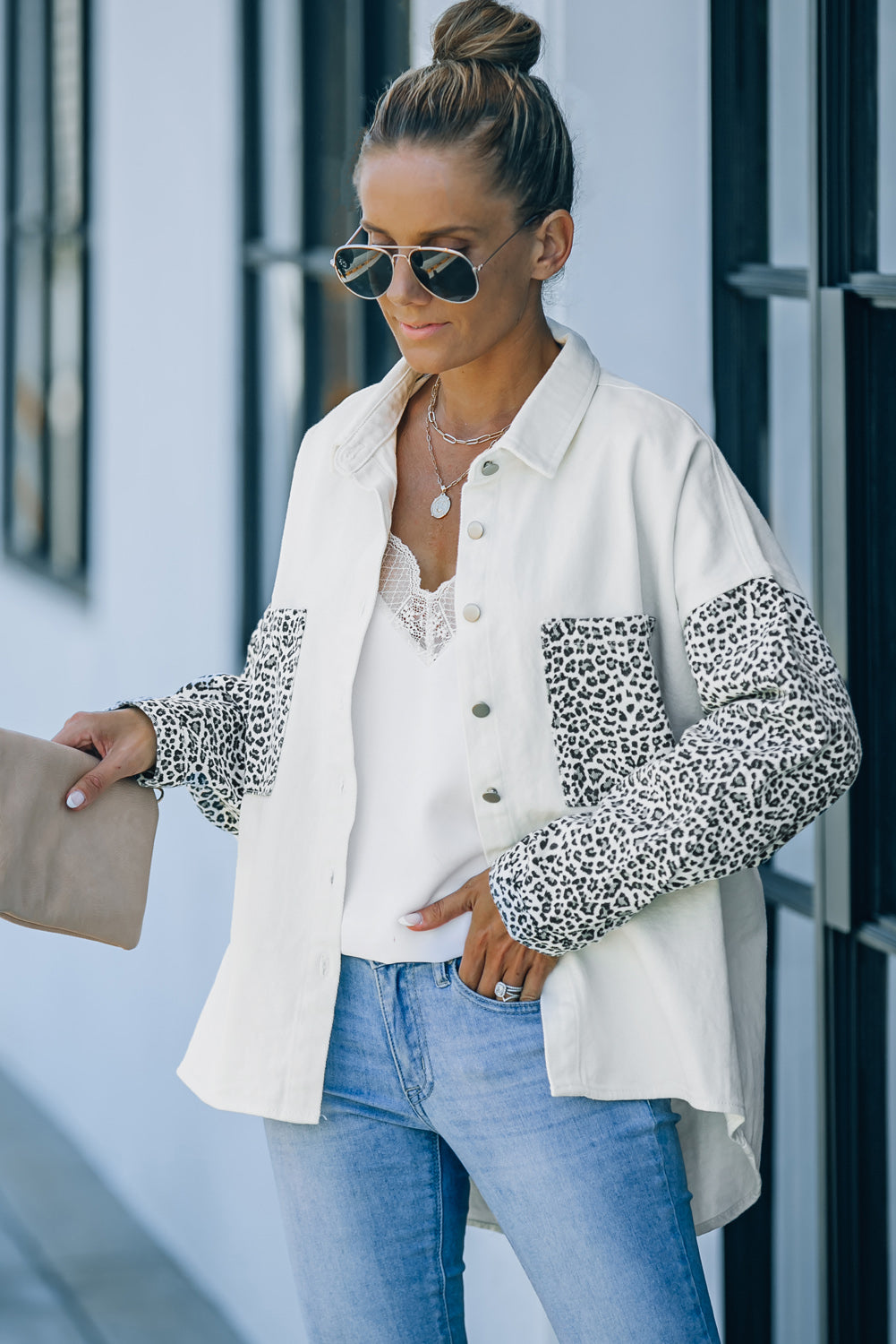 Honeybee Mumford's White Contrast Leopard Denim Jacket