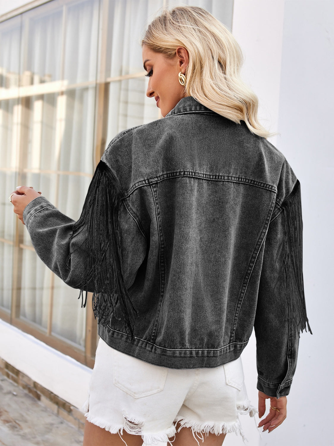 Honeybee Mumford's Tassel Button Up Dropped Shoulder Denim Jacket