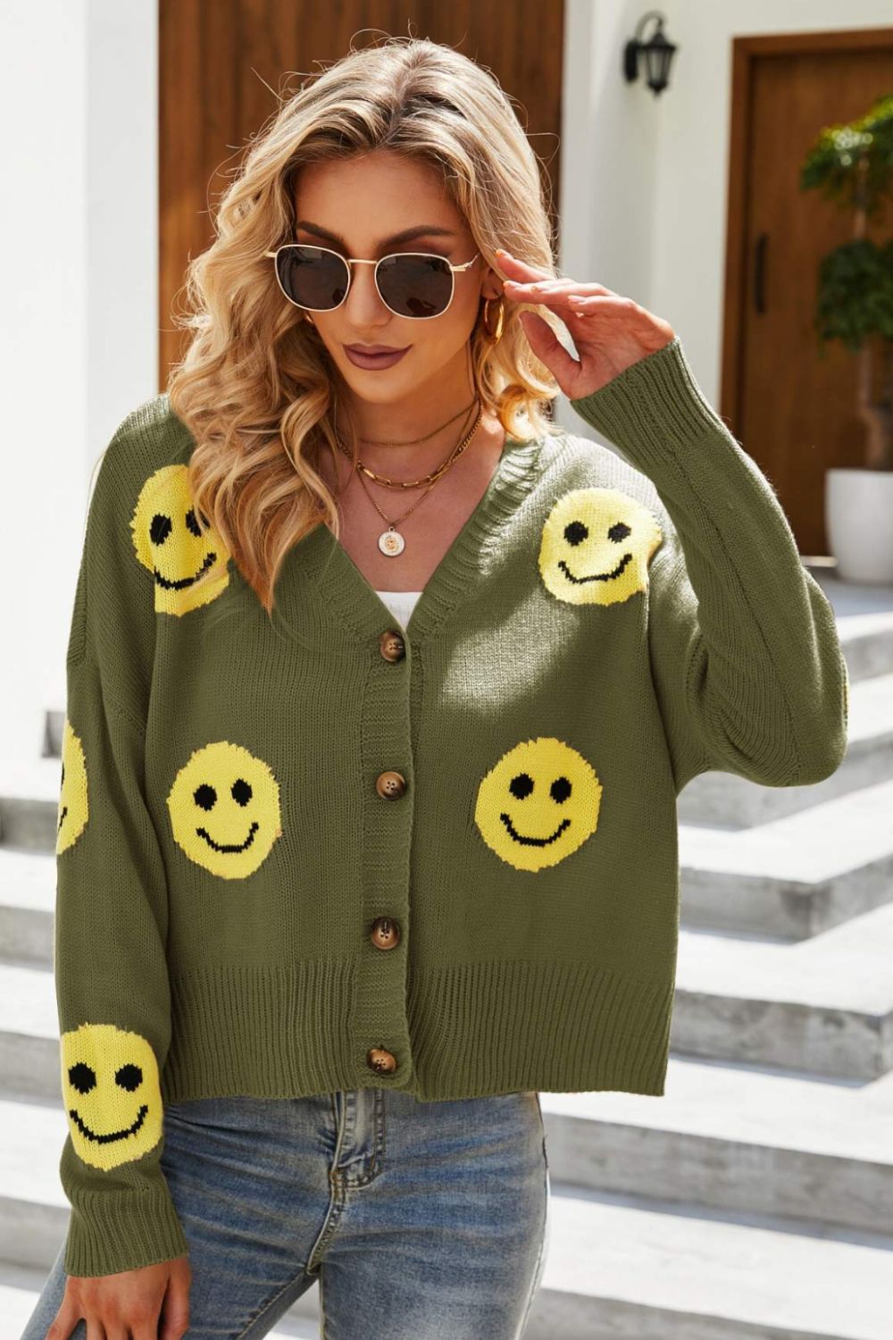 Honeybee Mumford's Smiley Face Ribbed Trim V-Neck Cardigan