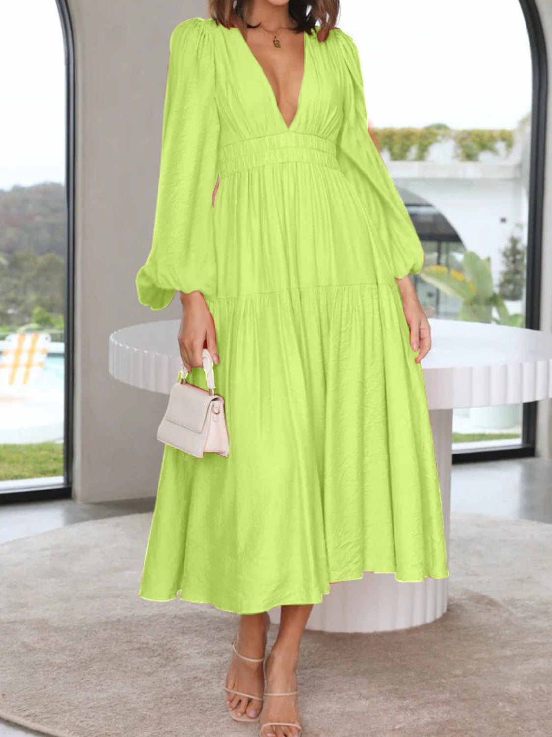 Honeybee Mumford's Deep V-Neck Balloon Sleeve Plain Maxi Dress