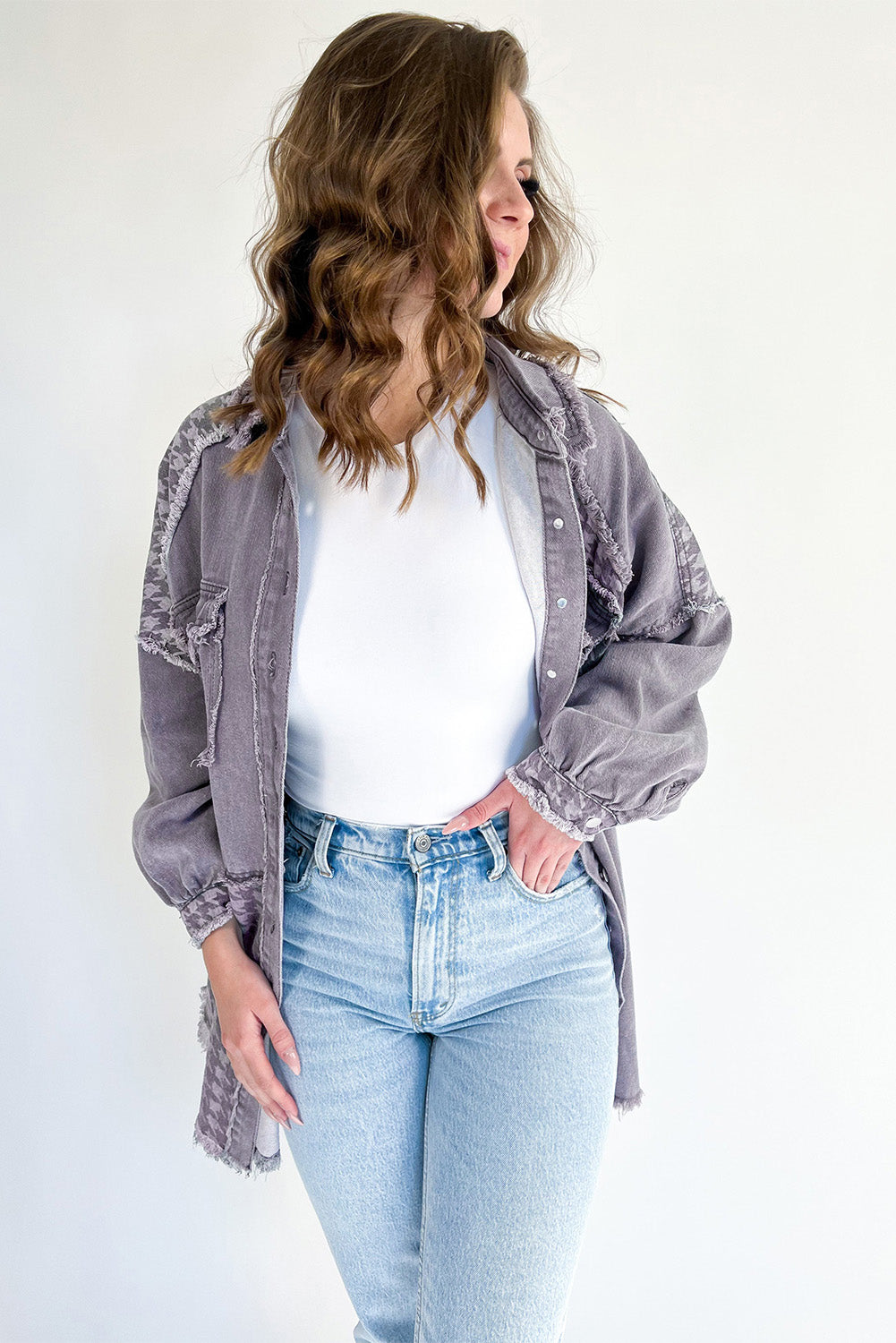 Honeybee Mumford's Medium Grey Retro Distressed Houndstooth Patchwork Denim Jacket