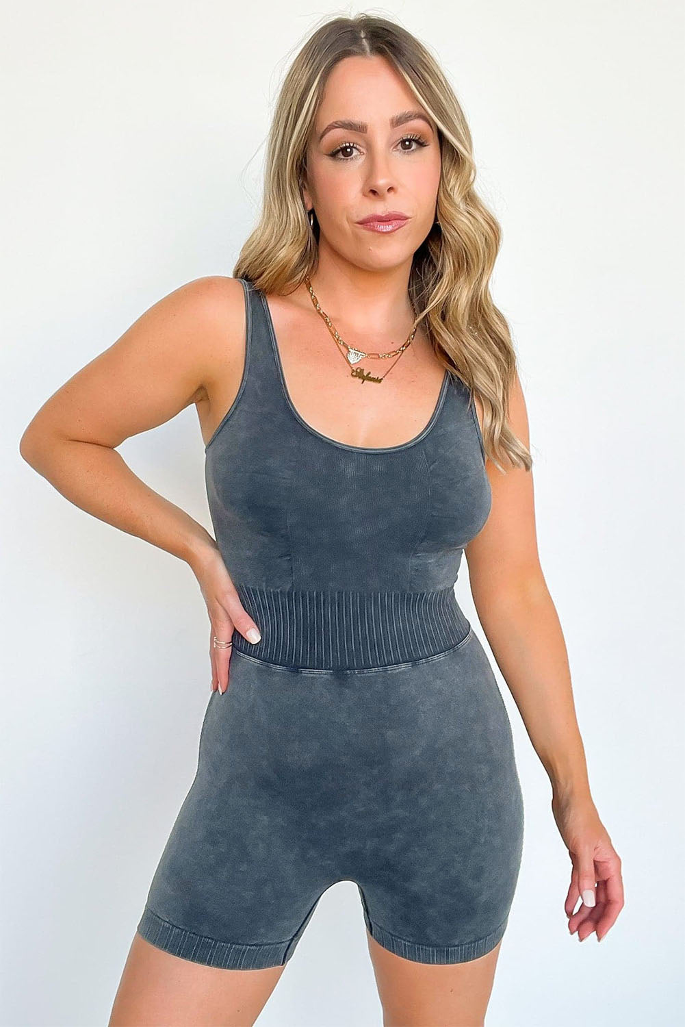 Honeybee Mumford's Carbon Grey Mineral Wash Ribbed High Waist Athleisure Romper