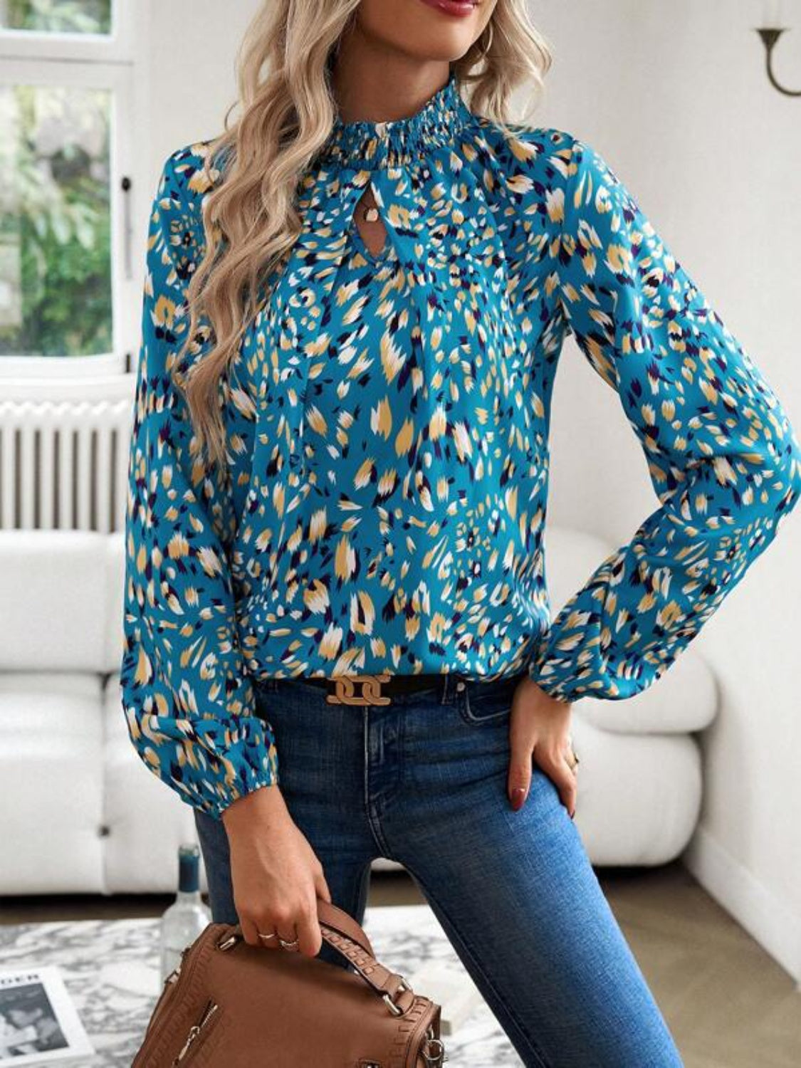 Honeybee Mumford's Cutout Printed Mock Neck Balloon Sleeve Blouse