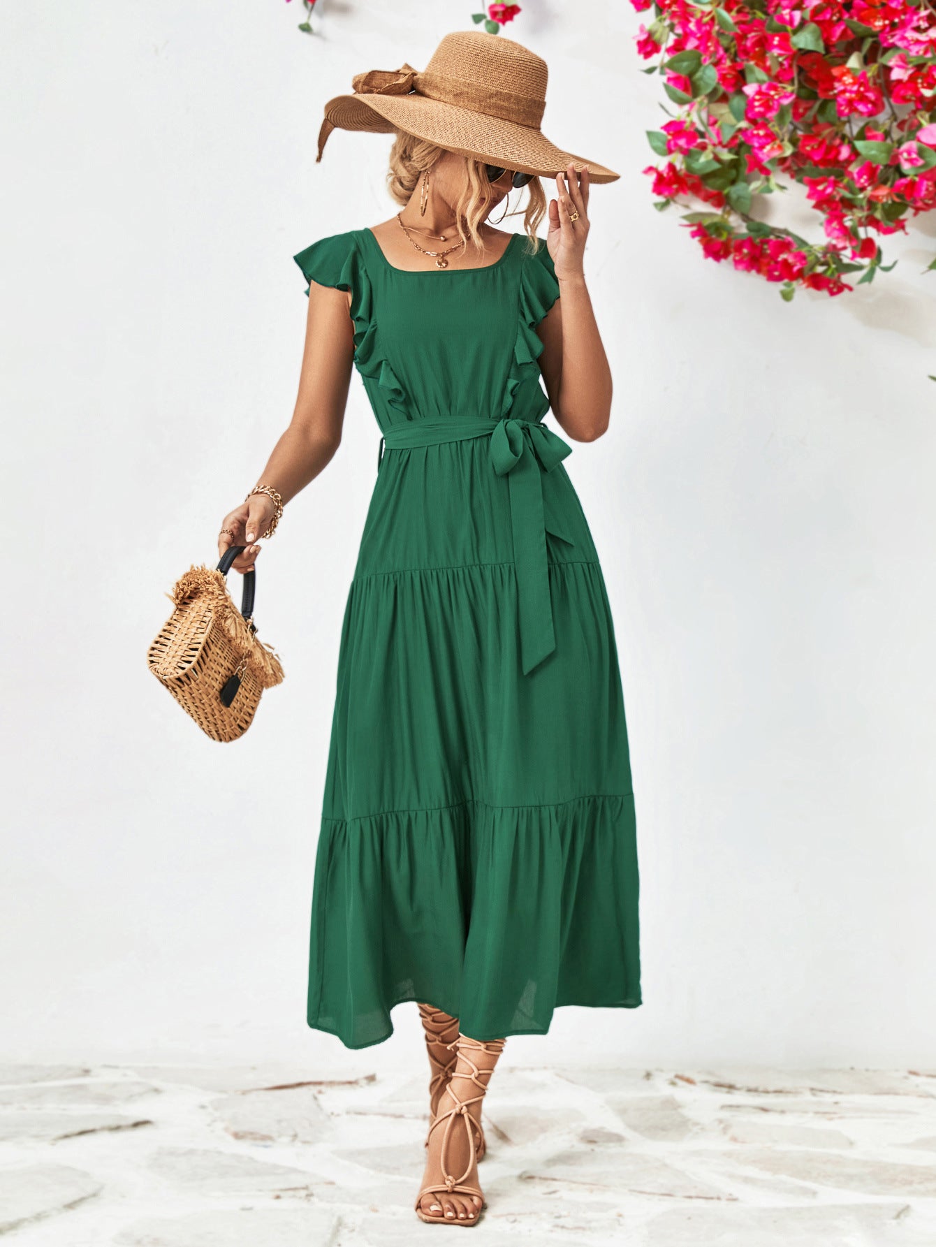 Honeybee Mumford's Tie Belt Ruffled Tiered Dress