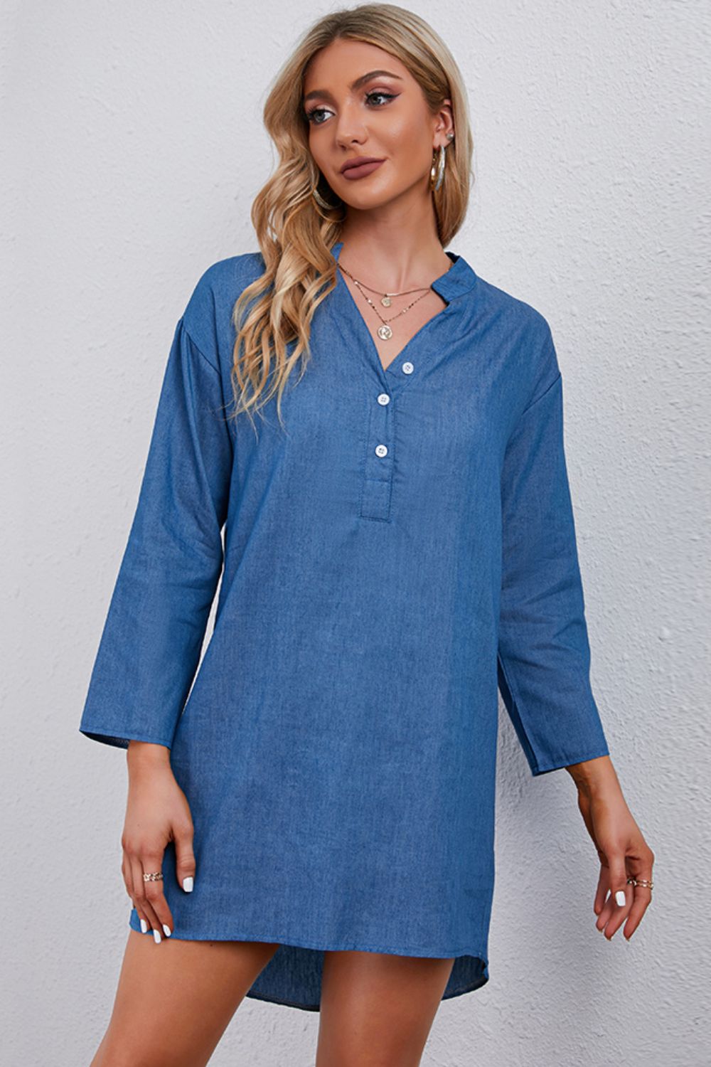 Honeybee Mumford's Half-Button Notched Neck High-Low Denim Dress