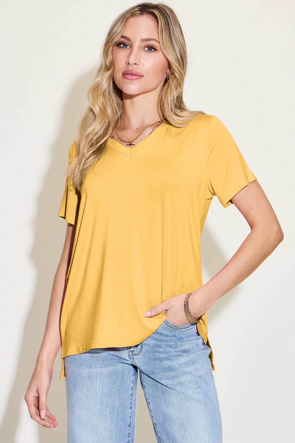 Honeybee Mumford's V-Neck High-Low T-Shirt (Yellow, Coral pink,Black and more)