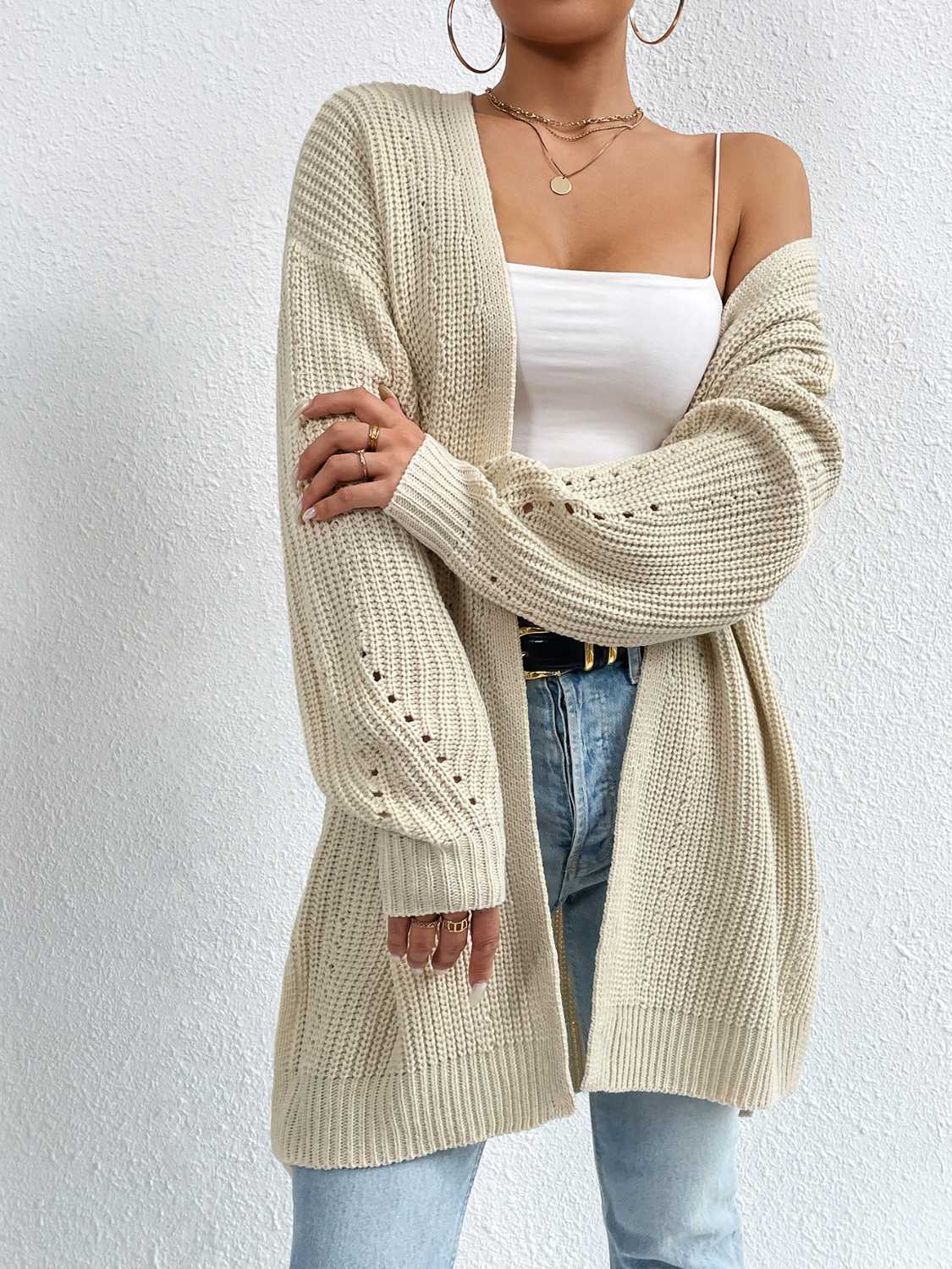 Honeybee Mumford's Open Front Dropped Shoulder Slit Cardigan