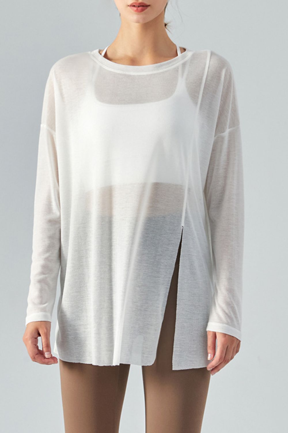 Honeybee Mumford's Round Neck Slit Sheer Tunic Sports Top