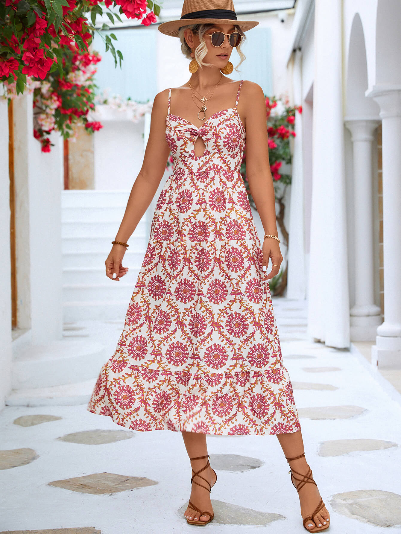 Honeybee Mumford's Printed Cutout Spaghetti Strap Midi Dress