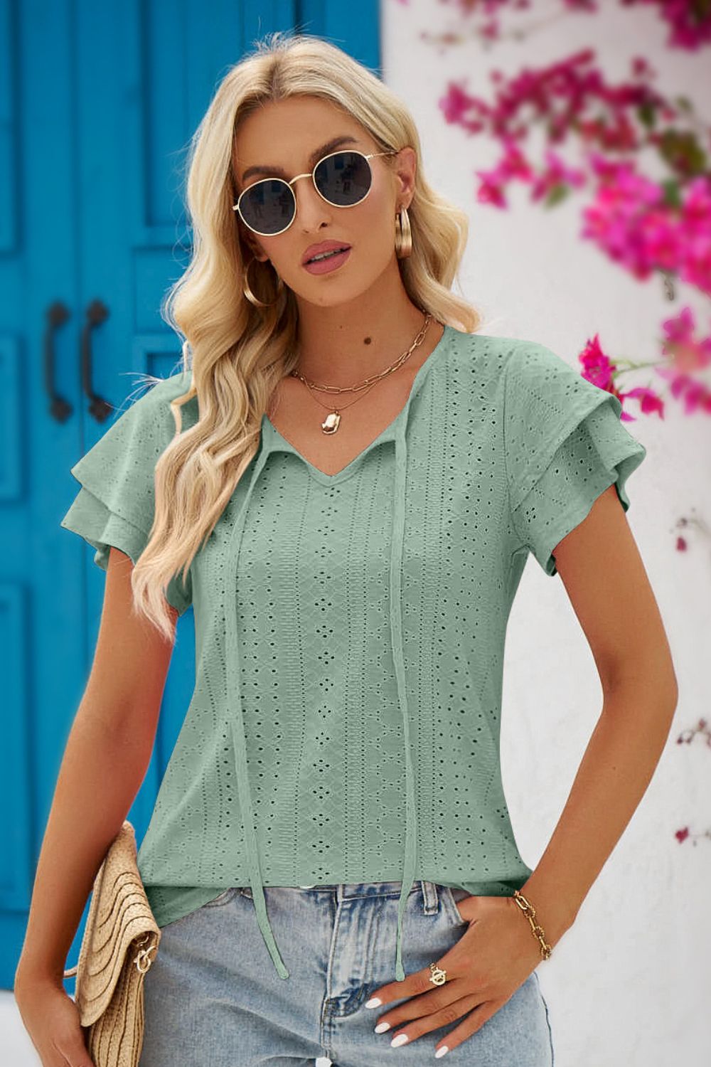 Honeybee Mumford's Eyelet Tie-Neck Flutter Sleeve Blouse