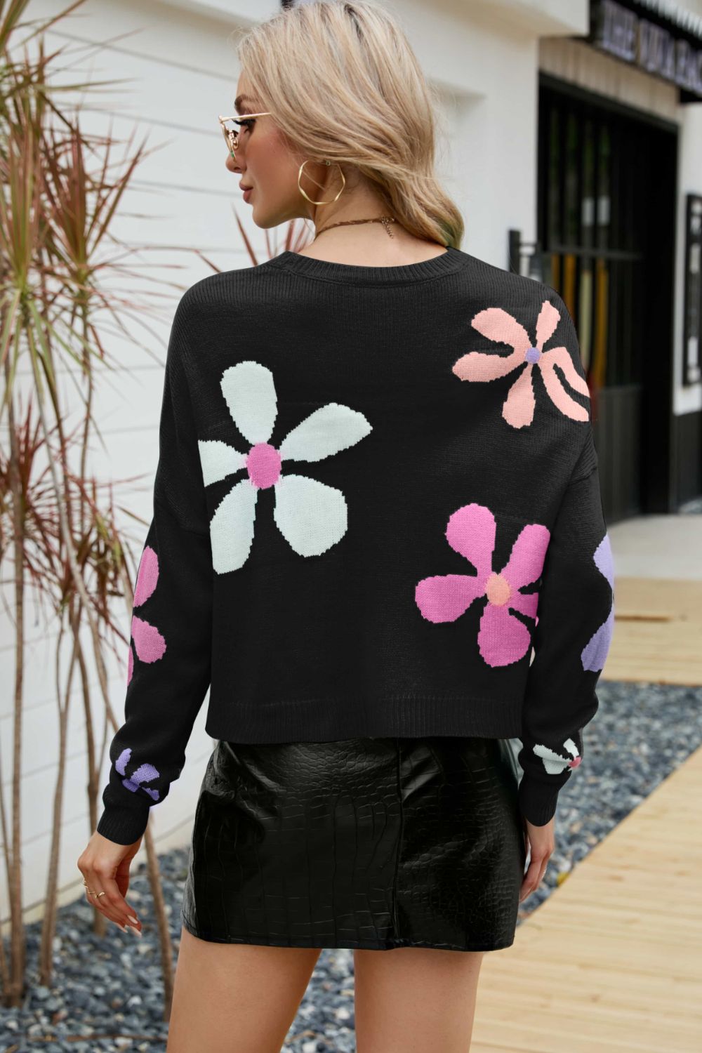 Honeybee Mumford's Floral Dropped Shoulder Ribbed Trim Sweater