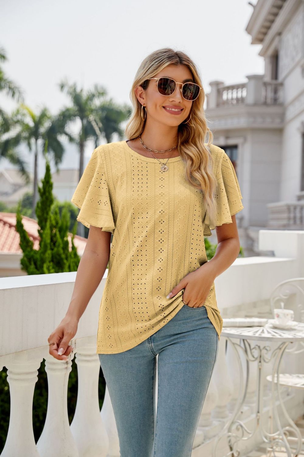 Honeybee Mumford's Eyelet Flutter Sleeve Round Neck Top