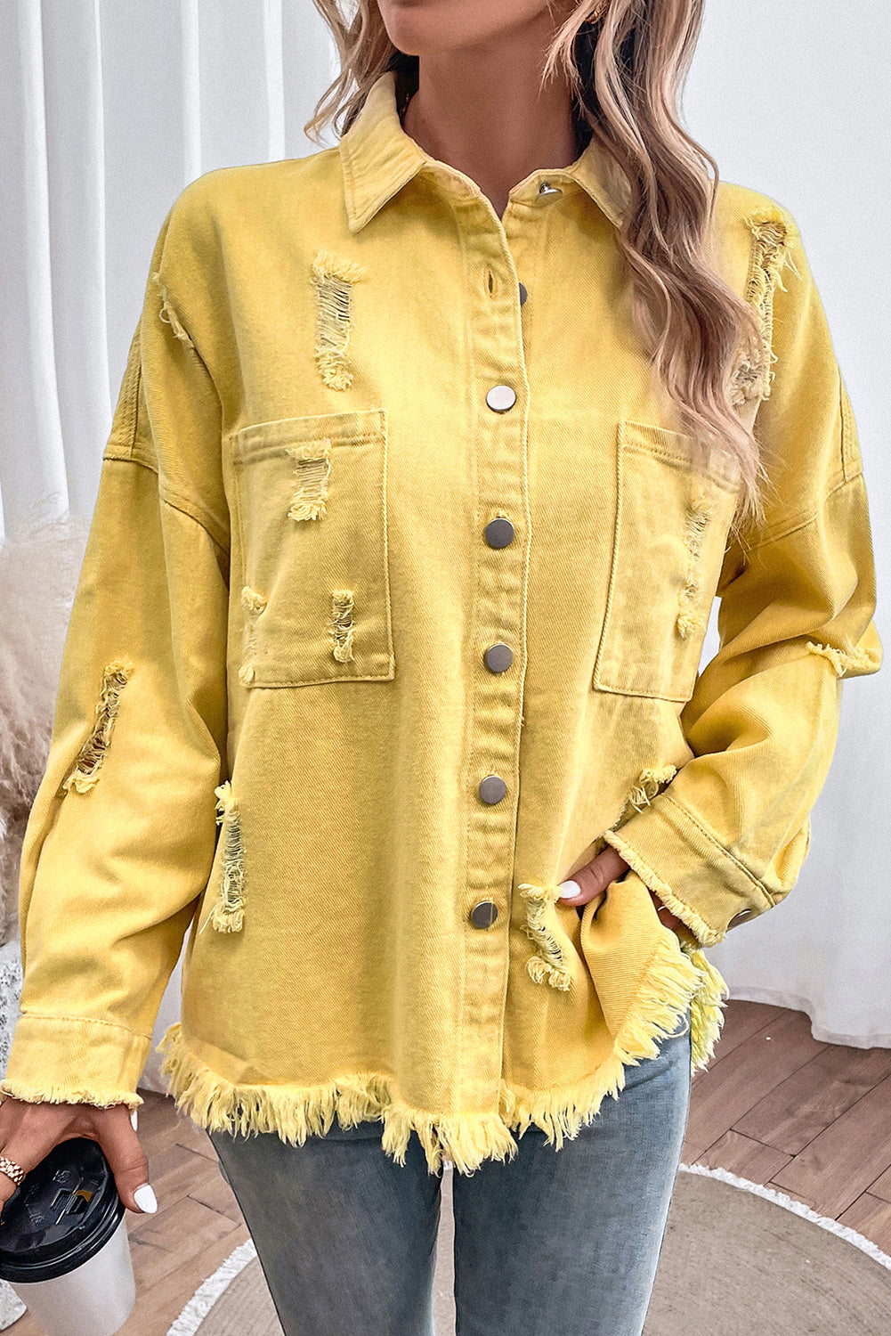 Honeybee Mumford's Distressed Button Up Raw Hem Denim Jacket