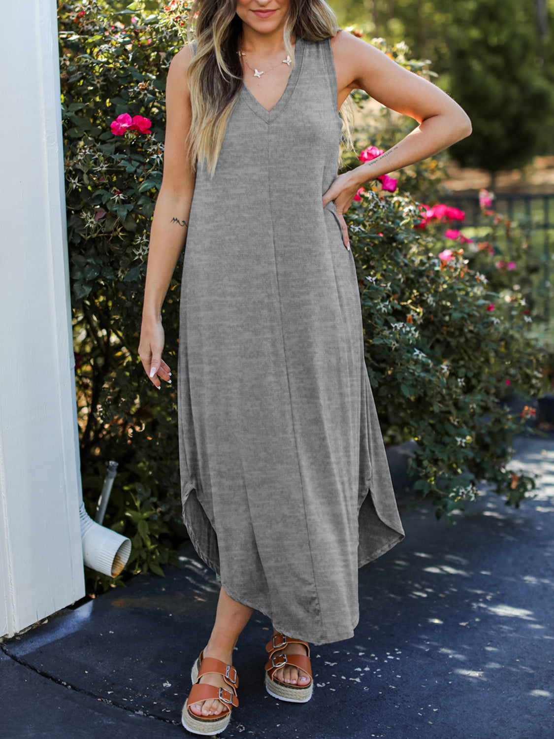 Honeybee Mumford's Full Size V-Neck Midi Tank Dress