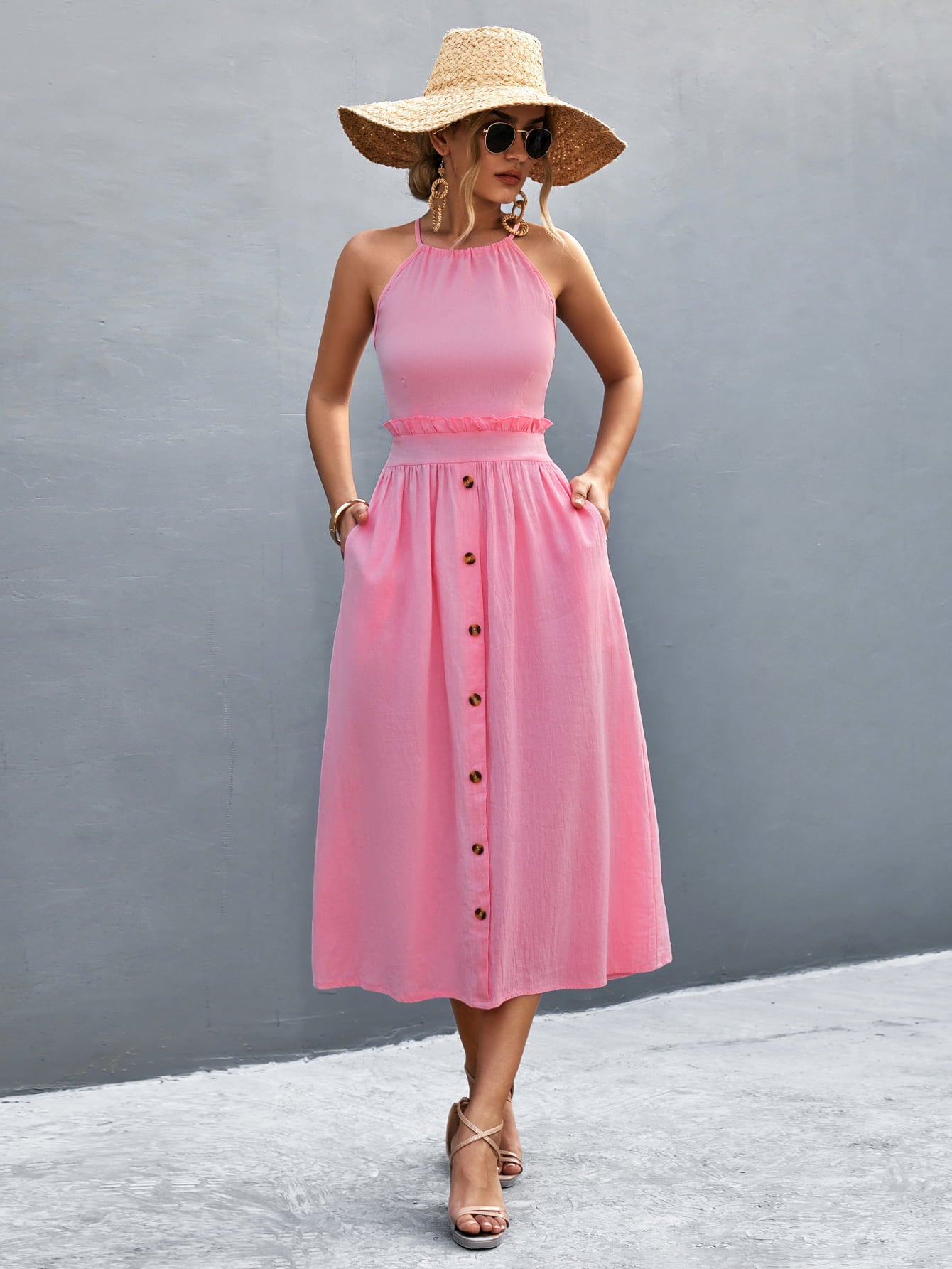 Honeybee Mumford's Buttoned Halter Neck Frill Trim Midi Dress