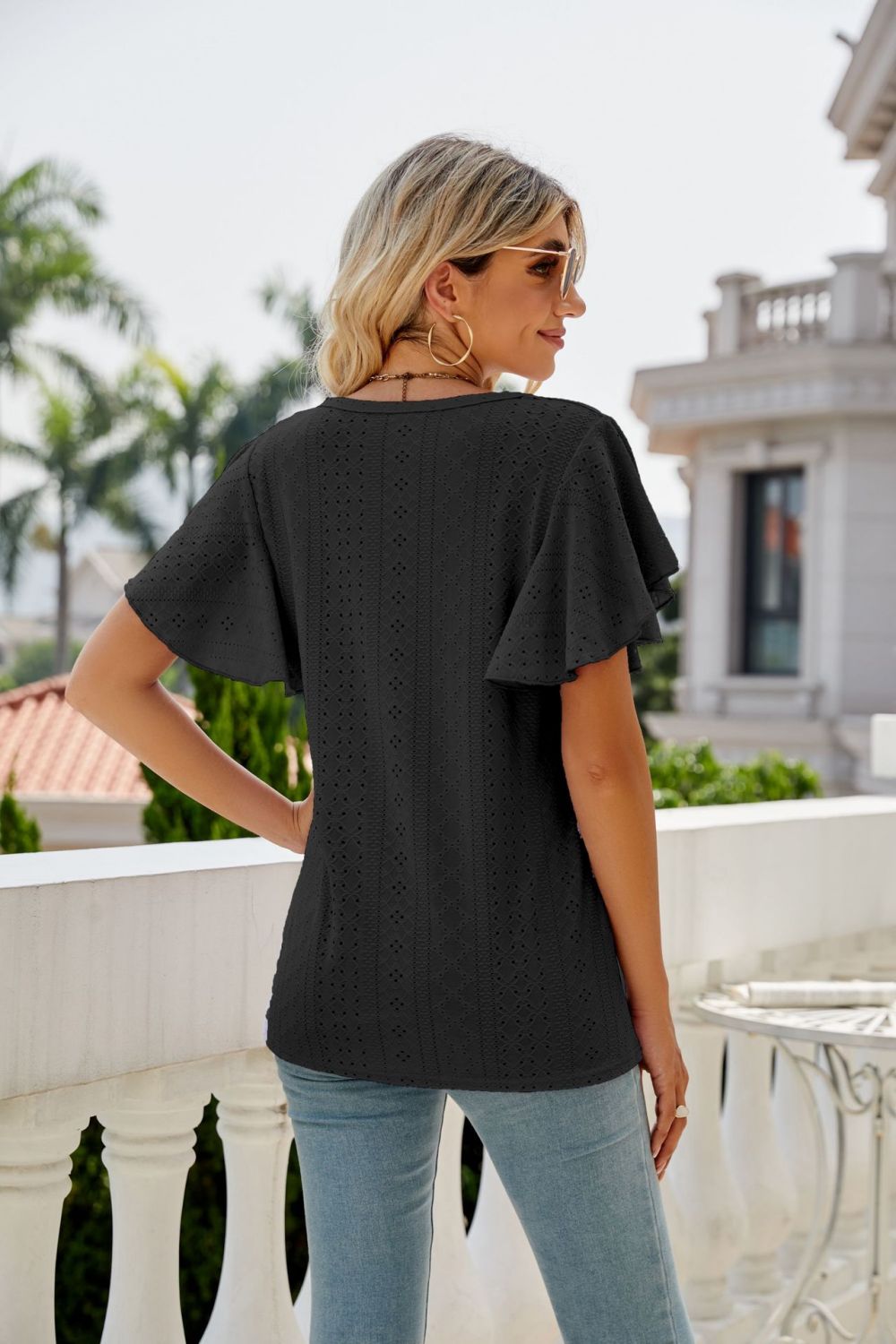 Honeybee Mumford's Eyelet Flutter Sleeve Round Neck Top