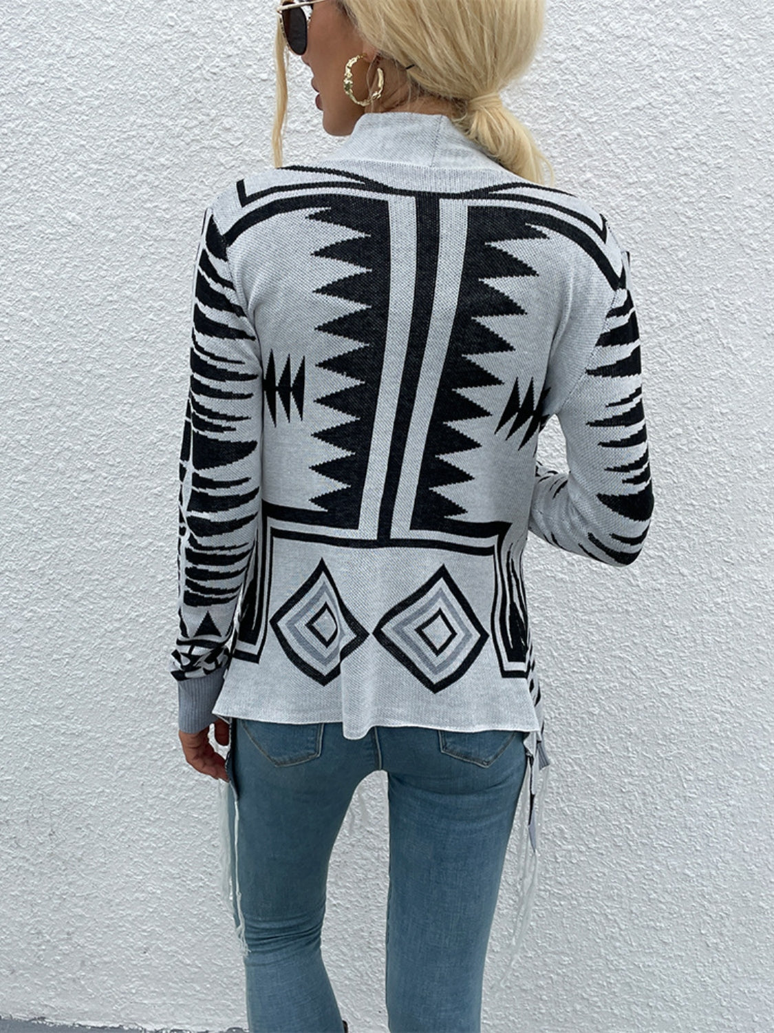 Honeybee Mumford's Geometric Fringe Hem Open Front Cardigan