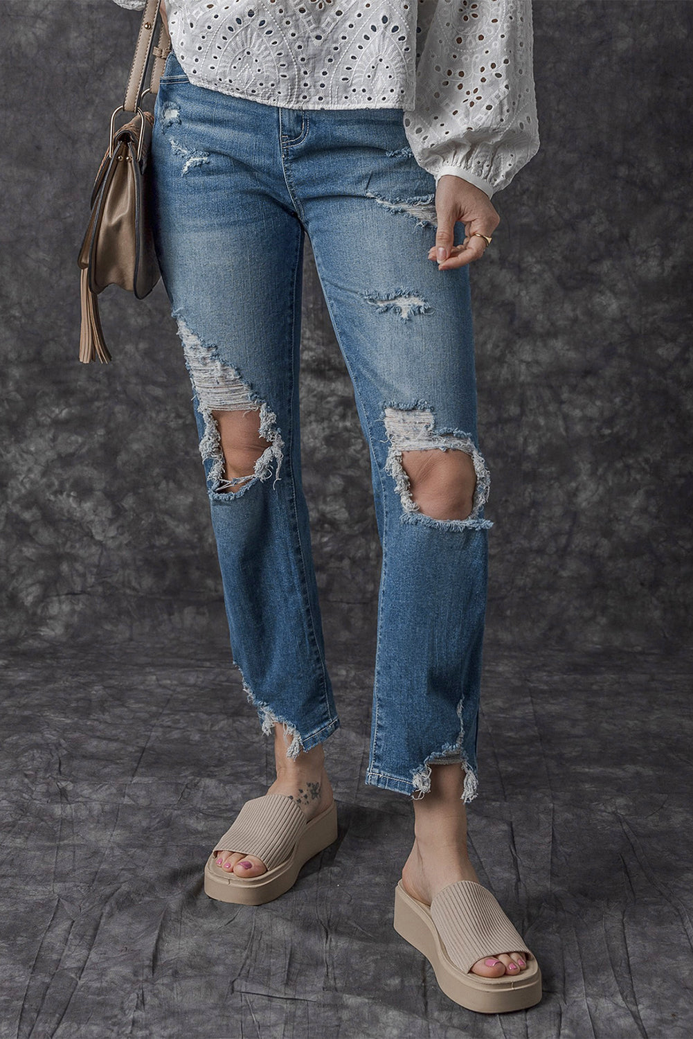 Honeybee Mumford's Sky Blue Ripped Knee Hole High Waist Jeans