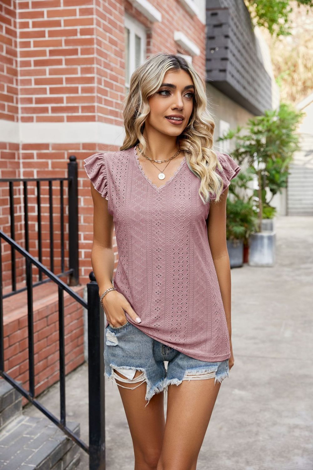 Honeybee Mumford's Eyelet Flutter Sleeve Scalloped V-Neck Top