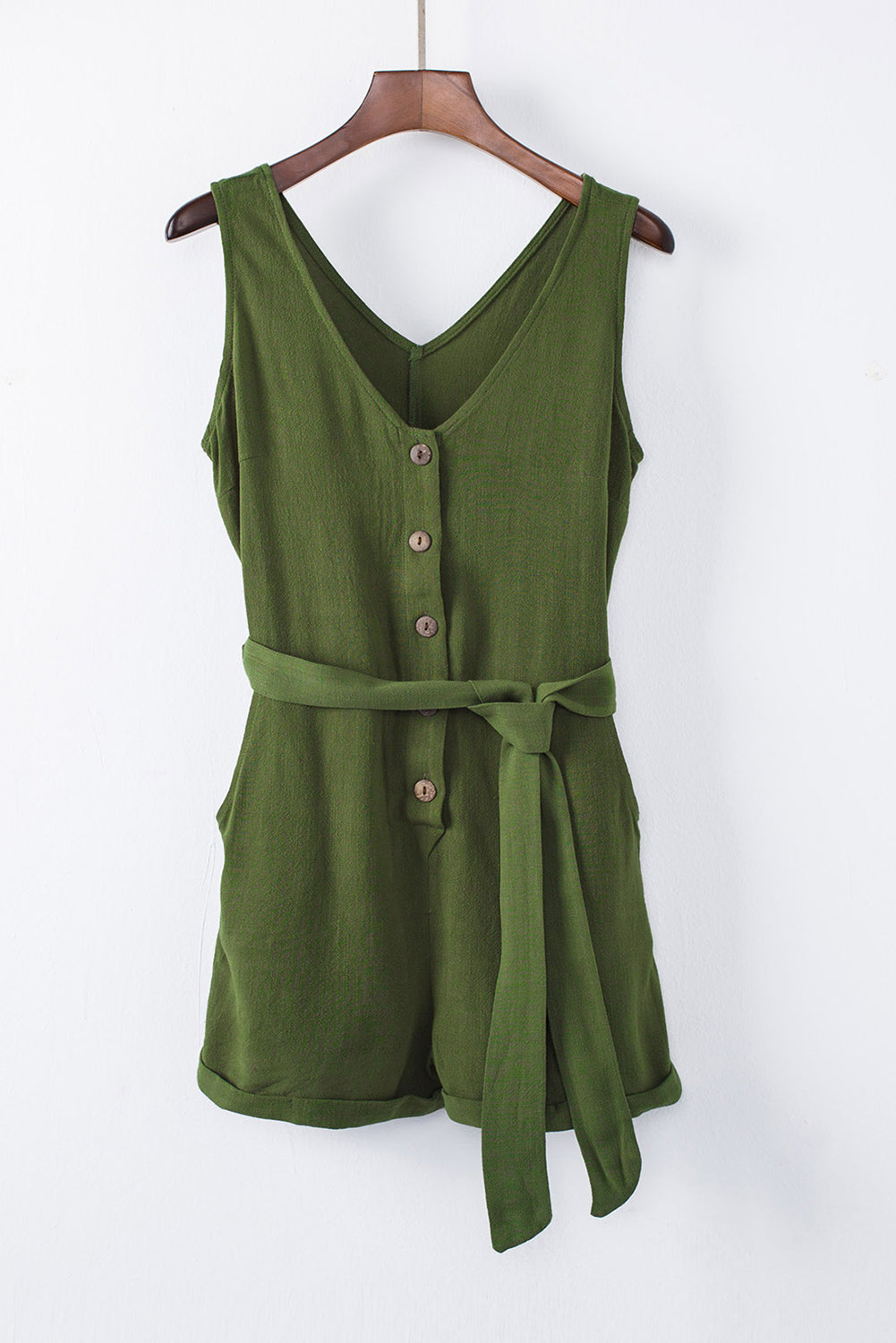 Honeybee Mumford's Green Button V Neck Romper with Belt