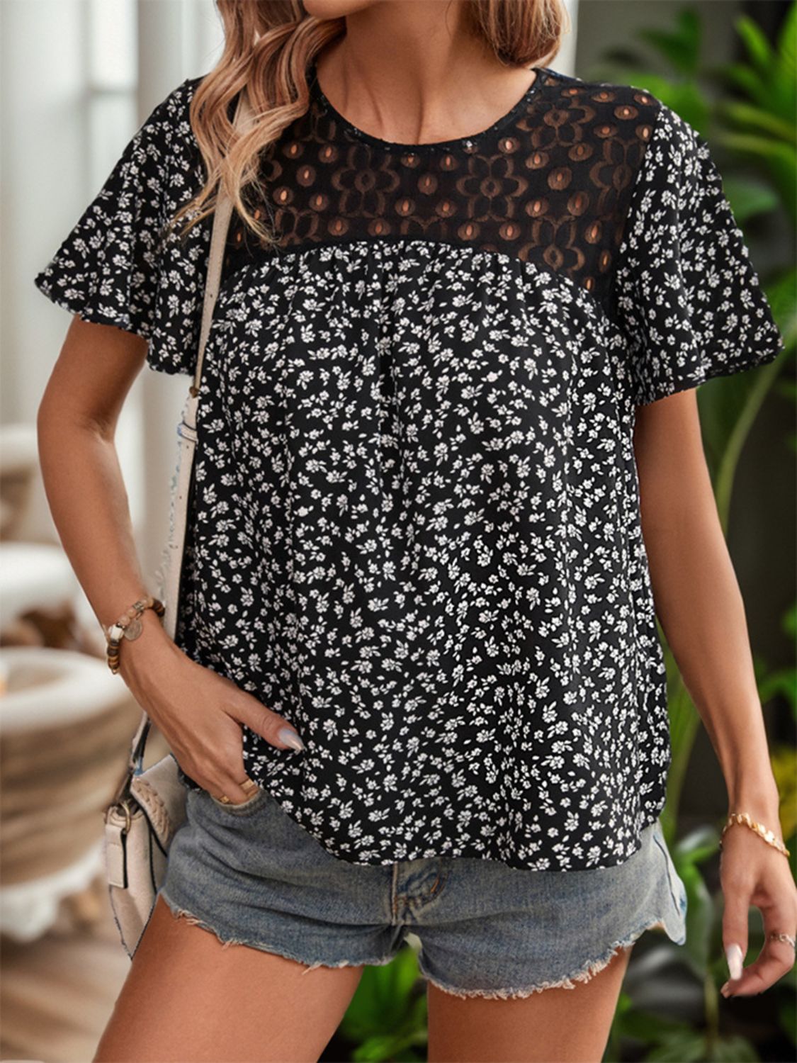 Honeybee Mumford's Lace Detail Floral Round Neck Short Sleeve Blouse