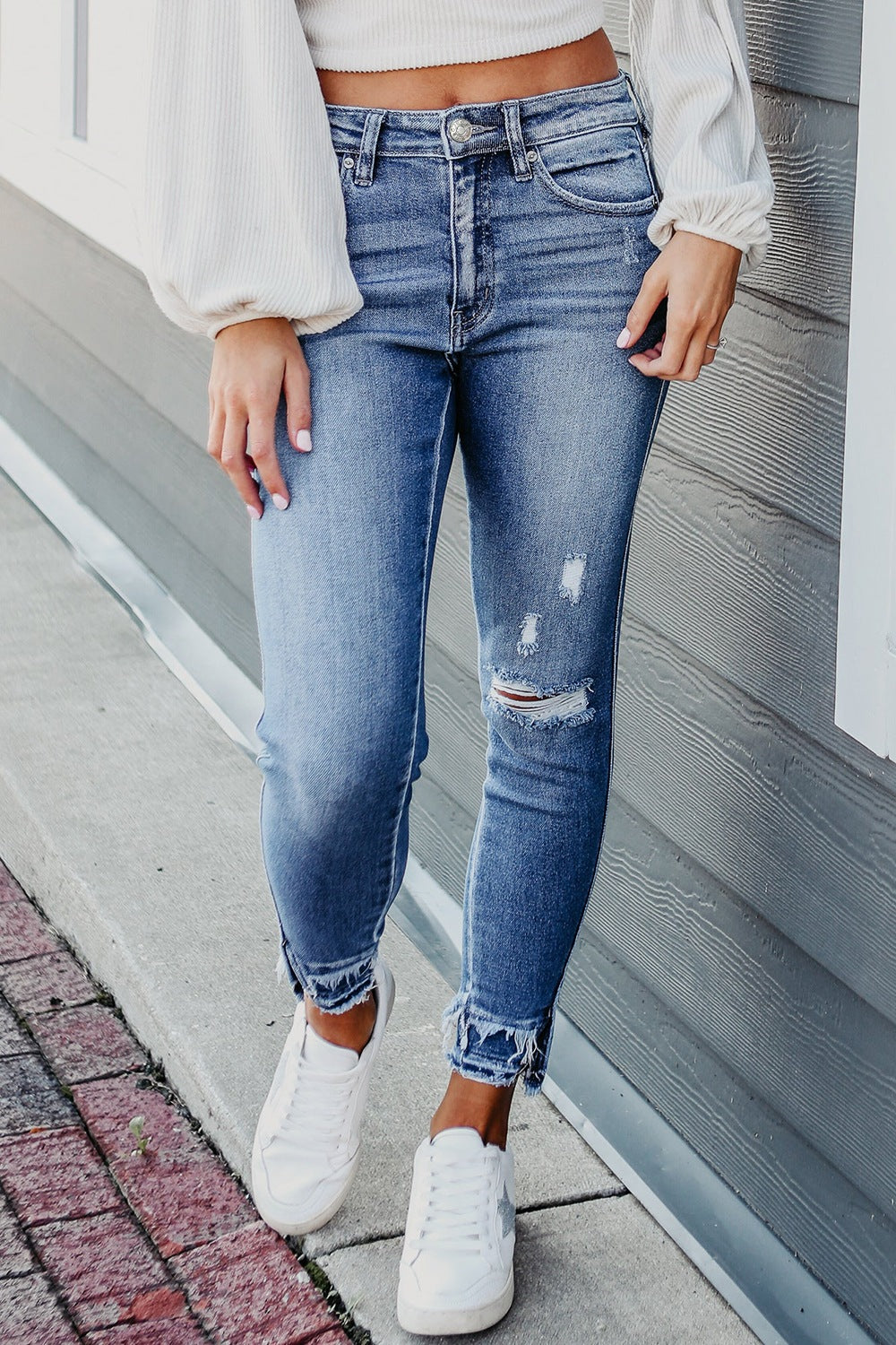 Honeybee Mumford's Raw Hem Distressed Jeans with Pockets